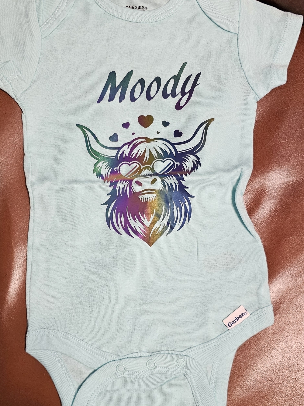 Gerber Mint Baby Onesie with Iridescent Highland Cow Graphic